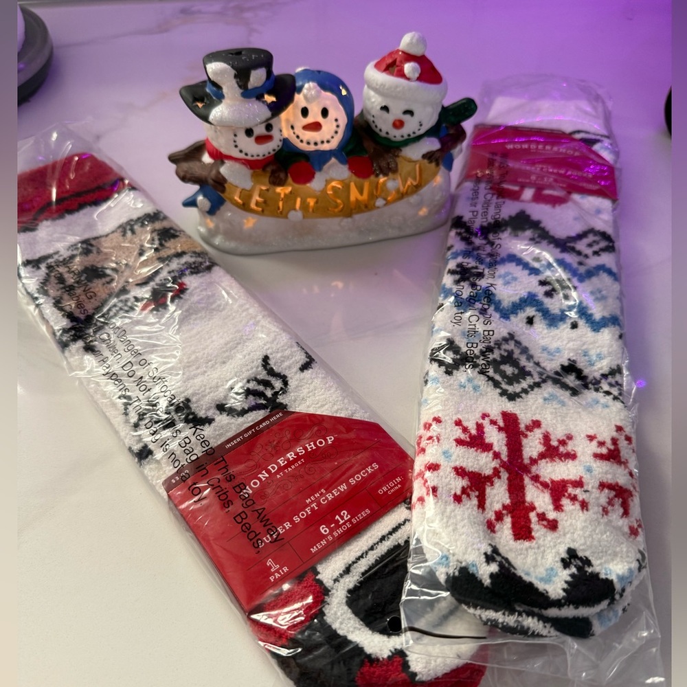 Cozy Winter-Themed Socks and snowman decor nib